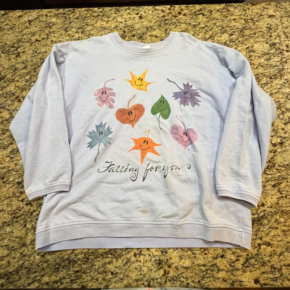 Falling For You Leaves Graphic Sweatshirt Light Blue Crewneck Large
